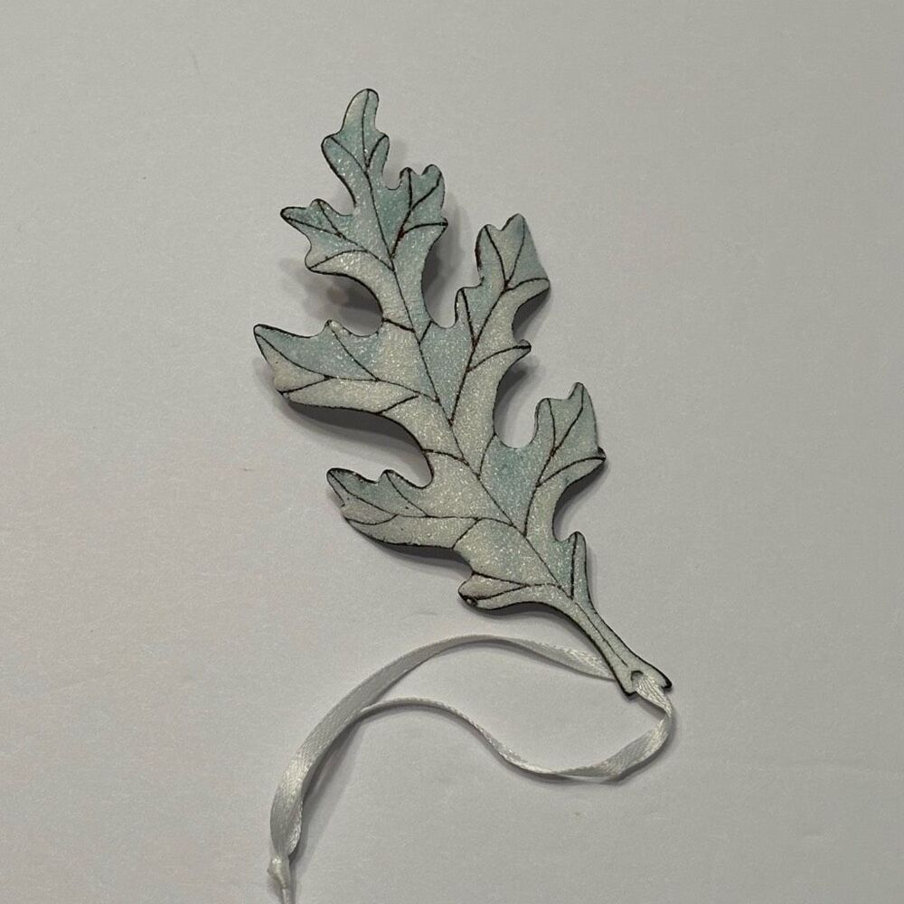 Metal and Enamel White Green Leaf 3 Dimensional Christmas Holiday Ornament